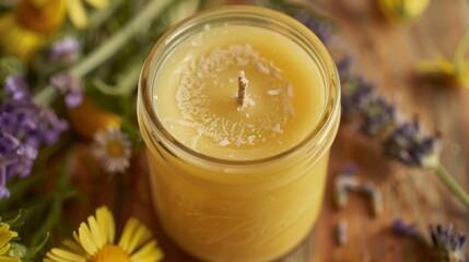 A detailed shot of a handpoured mason jar candle made with a blend of locally sourced beeswax and handpicked wildflowers providing a lovely natural scent and soft glow.