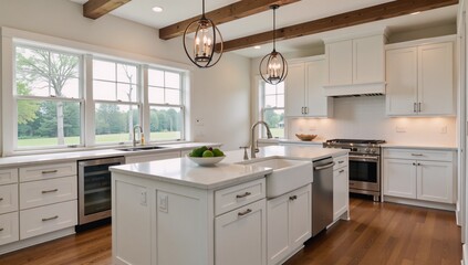 Luxury traditional kitchen features hardwood floors wood beams large island with quartz counters includes farmhouse sink elegant pendant lights  large windows