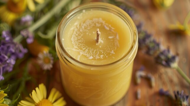 A detailed shot of a handpoured mason jar candle made with a blend of locally sourced beeswax and handpicked wildflowers providing a lovely natural scent and soft glow.