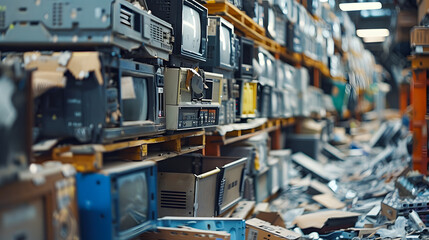 Sorting e-waste separating recyclables and removing hazardous materials in a tech recycling facility Concept E-waste recycling Hazardous materials removal Recyclables separation