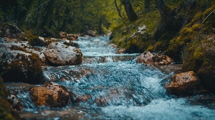 Flowing Mountain River Surrounded by Nature
