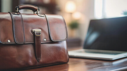 A leather briefcase beside a laptop on a wooden desk in a modern office during a sunny afternoon