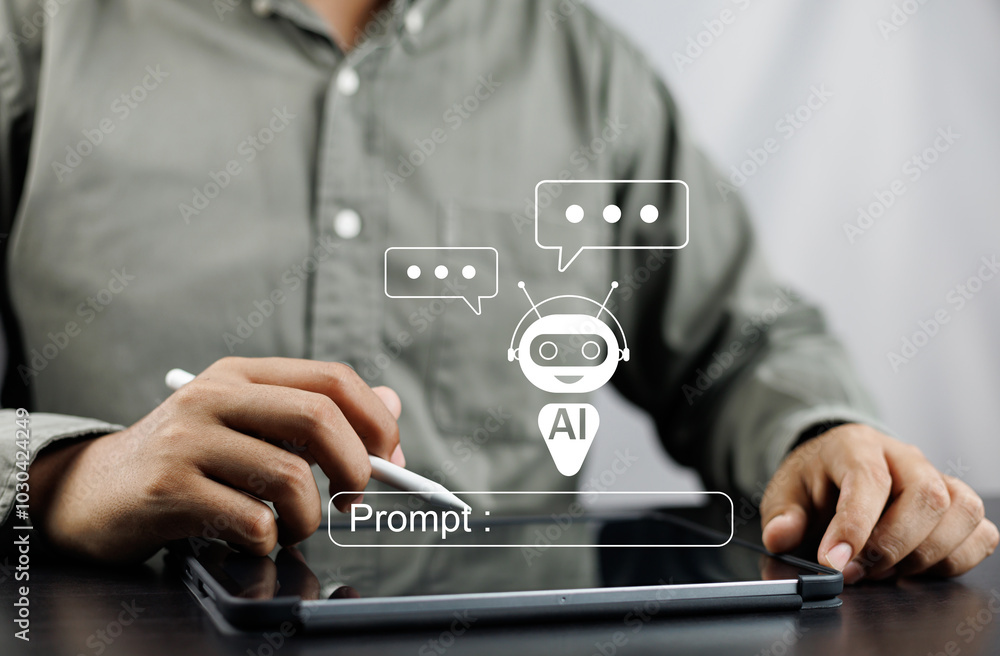 Aufkleber AI Technology in modern business, Chatbot conversation assistant for virtual assistance and customer support communication, AI Chatbots assisting business people with intelligent solutions futuristic