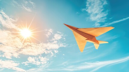 Paper Airplane Flying Through a Bright Sky