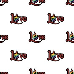 A seamless pattern features various representations of the word love accompanied by hearts, presented on a clean white background, ideal for design projects. Pride love, red love . Fair
