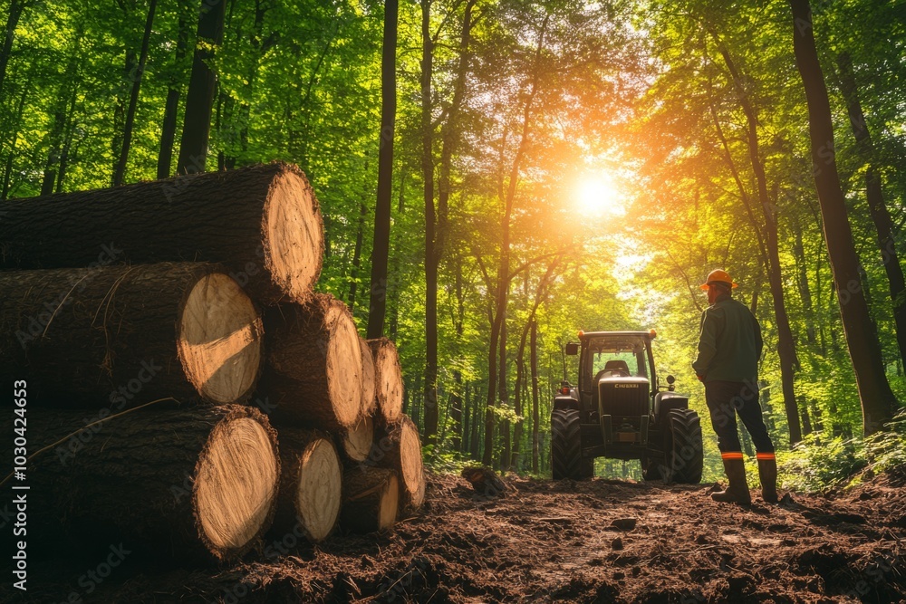 Poster sunlit forest logging scene with tractor and stacked timber