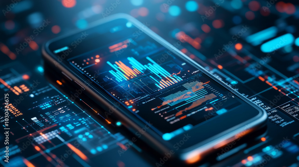 Poster a smartphone showcases business analytics data against a digital backdrop, illustrating financial me
