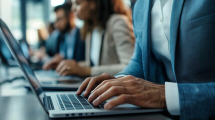 A diverse team collaborates on a laptop in a modern workspace during a productive meeting in the afternoon