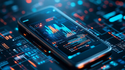 A smartphone showcases business analytics data against a digital backdrop, illustrating financial metrics and insights in a modern workspace