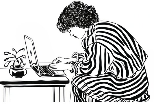 recommend clip art: Woman working on laptop drawing furniture computer.