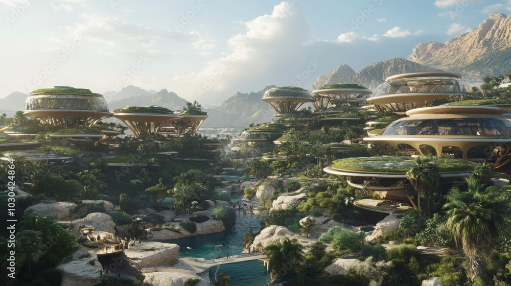 Aufkleber a stunning futuristic community integrates advanced architecture with lush greenery, featuring eleva
