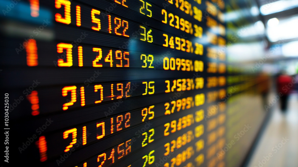 Poster stock market display showing decline in prices with fluctuating values during trading hours in an ur
