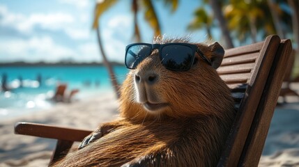A brown monkey wearing sunglasses is sitting on a beach chair. The scene is relaxed and carefree, with the monkey enjoying the sun and the beach atmosphere