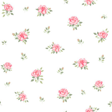Vector illustration. Seamless pattern of delicate pink rose on a white background, blooming flowers. Cottagecore pattern. Printing on textiles, for packaging, fabric design, sublimation printing
