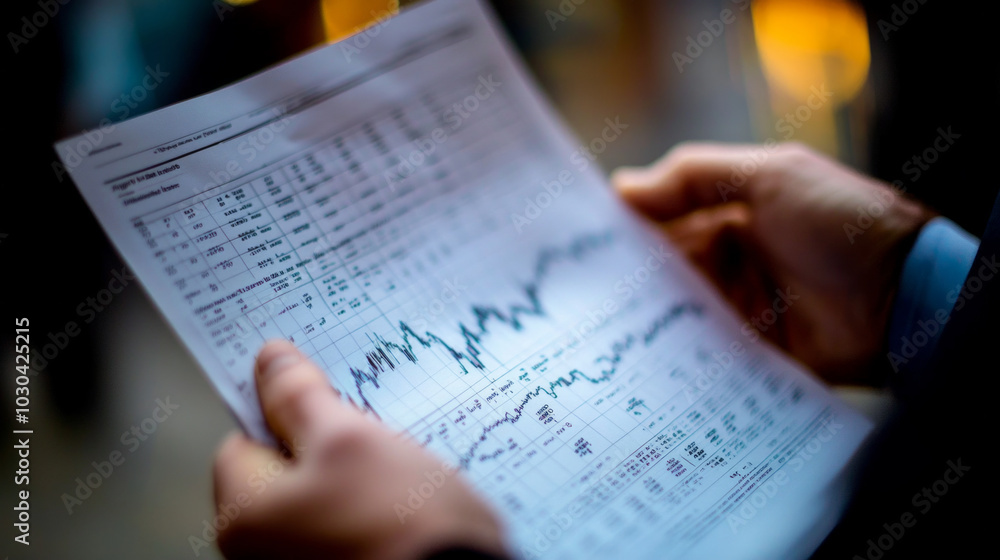 Poster hands analyzing an economic report with data charts and statistics during a financial review meeting