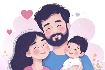 Cute vector illustration of a father and his two children a baby and a toddler hugging affectionately against a background of hearts and abstract decorative shapes
