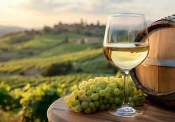 A glass of white wine is on a table next to a bunch of grapes. The scene is set in a vineyard, with a view of the hills in the background
