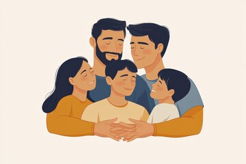 Flat illustration of a happy family of five with parents and three children all hugging each other affectionately surrounded by a simple neutral toned background
