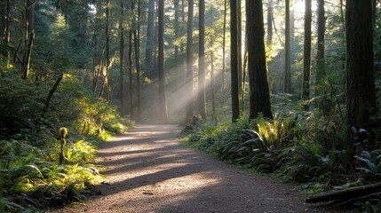 Obraz premium Path through a dense forest with sunlight streaming through tall trees