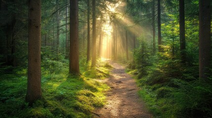 Obraz premium Path through a dense forest with sunlight streaming through tall trees