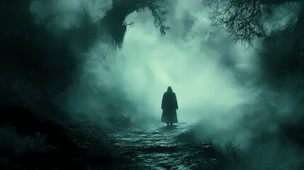 man walking on a path in a strange dark forest with fog
