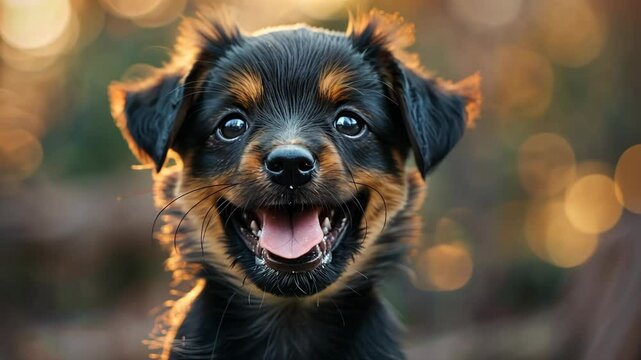 A small black and brown puppy smiles with its tongue out, standing in front of a blurred background of golden lights