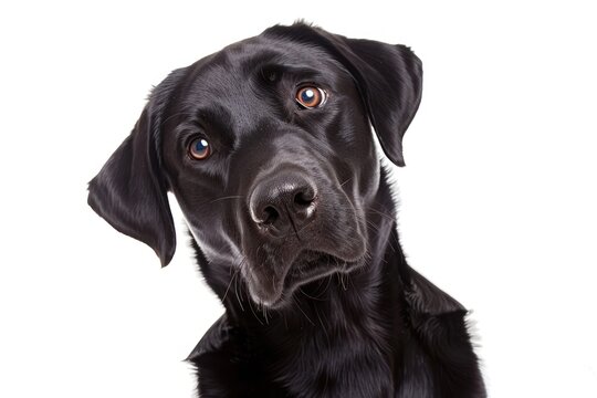 Black Labrador sits and listens with his head tilted straight mammal animal dog.
