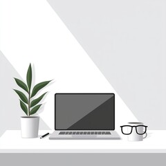 Minimalist Desk Setup with Laptop Plant and Glasses in a Clean Office Environment