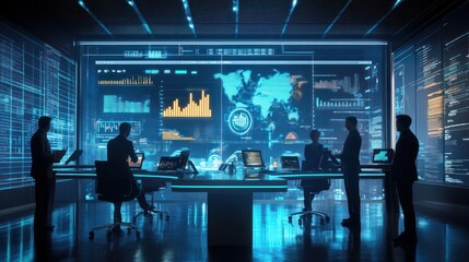 Professional team analyzing quarterly results in a high-tech office environment