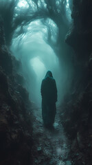 man walking on a path in a strange dark forest with fog