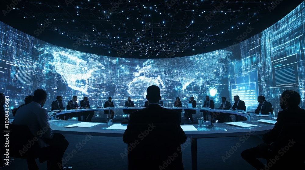 Poster a group of people in suits sit around a long table, looking at a large screen behind them that shows