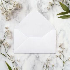 Blank Postcard in Open White Envelope with Dried Flowers on Rustic Linen Fabric.