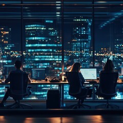 Professional team working late into the night in a modern office with city lights outside.