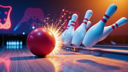 A brightly colored cartoony image of a bowling ball knocking over pins in an alley