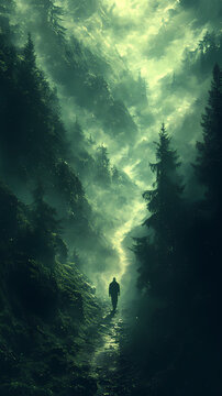man walking on a path in a strange dark forest with fog