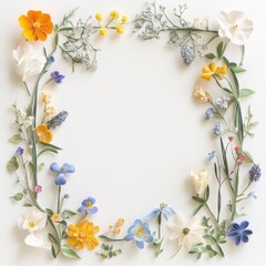 Floral frame with colorful flowers and greenery on a white background