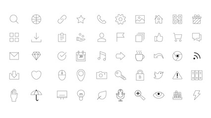 A collection of clean, minimalist outline icons representing various digital and real-world concepts such as communication, technology, user interface elements, and objects. 