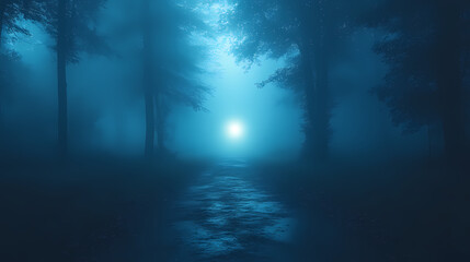 Fototapeta premium strange light in paranormal forest landscape at night