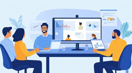 Remote team members joining a corporate meeting via video conference