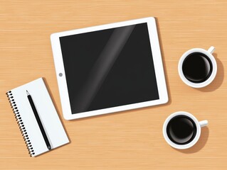 Minimalist Workspace with Tablet Coffee and Notebook on Wooden Desk