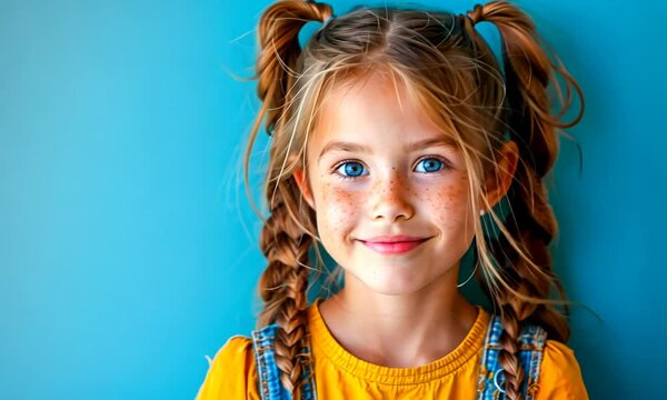 Watch as a young girl beams with happiness, her braided hair bouncing joyously. The bright blue background enhances her cheerful spirit and playful aura