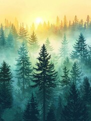 Fototapeta premium Misty Coniferous Forest Landscape with Silhouetted Pine Trees at Sunrise or Sunset