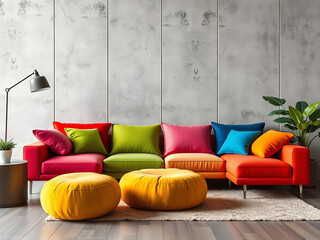 Bright, colorful sofa in a modern living room featuring a sleek design and warm wooden flooring.