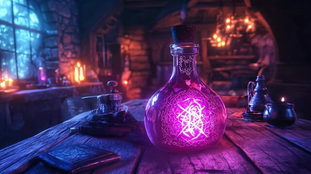 A mystical potion in an enchanted lab, full of magic and intricate colors