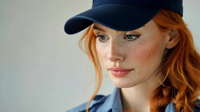 A young woman with red hair and blue eyes wears a blue baseball cap and looks off to the side
