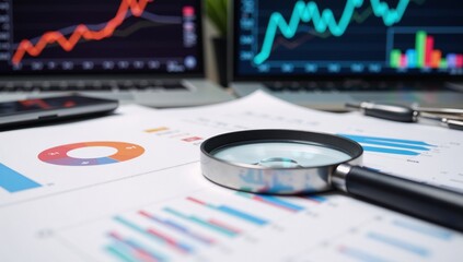 Data analysis with focus on search engine optimization using magnifiers charts graphs university-style neon screens and stock images