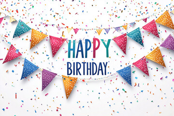 Obraz premium A colorful banner with a white background that says Happy Birthday. The banner is decorated with colorful flags and confetti
