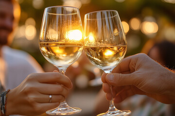 Two people are holding wine glasses and toasting to each other. Scene is celebratory and happy