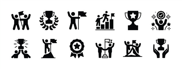 Business achievement flat icon set. Containing award, winner, reward, trophy, goal, success, victory, growth, mountain peak, teamwork, career, celebration, accomplishment, triumph. Vector illustration