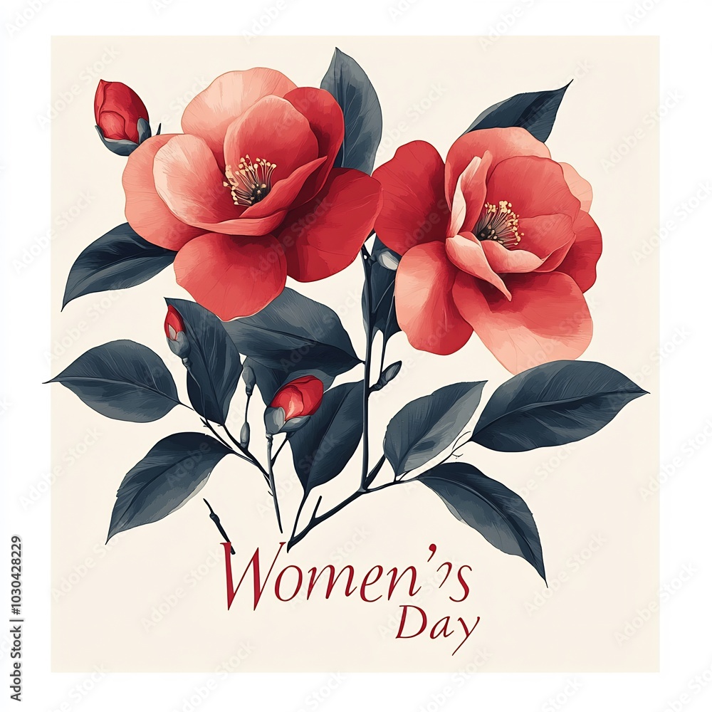 Aufkleber vector design of womens day text elegant red camellia flowers in the background set on a soft minima